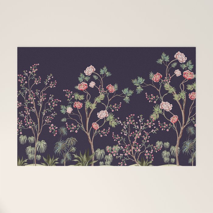 Chinoiserie Dark Blooming Peony Floral Fresco Garden Welcome Mat Gallery Image 1