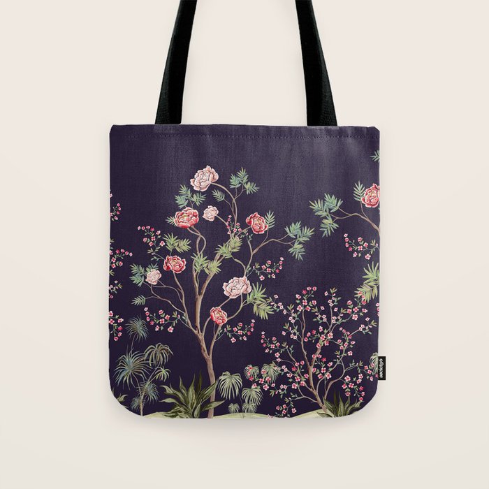Chinoiserie Dark Blooming Peony Floral Fresco Garden Tote Bag Gallery Image 1