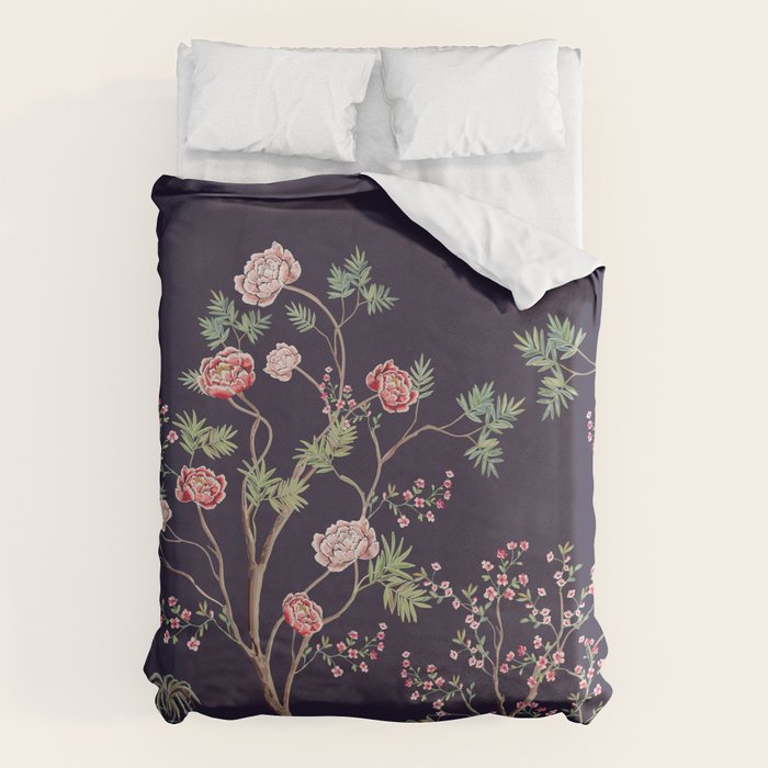 Chinoiserie Dark Blooming Peony Floral Fresco Garden Duvet Cover Gallery Image 1