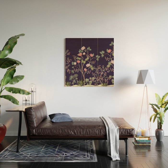 Chinoiserie Dark Blooming Peony Floral Fresco Garden Wood Wall Art Gallery Image 2
