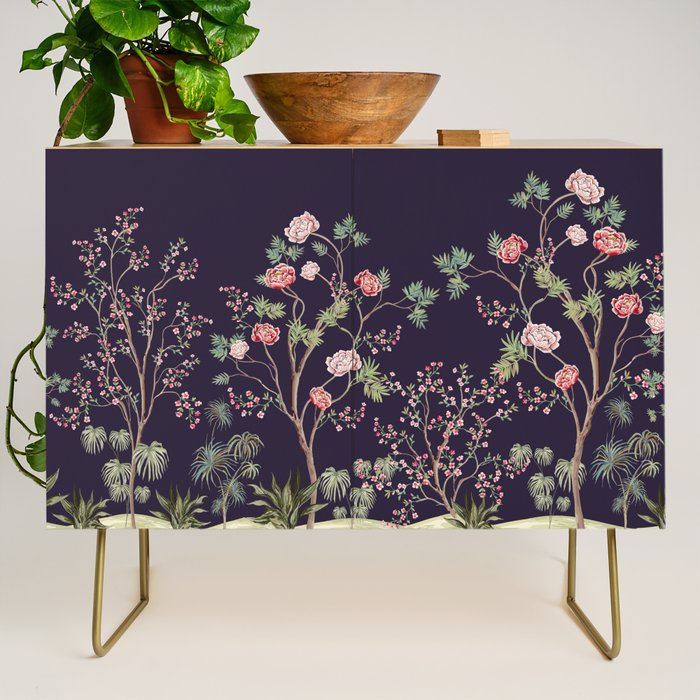Chinoiserie Dark Blooming Peony Floral Fresco Garden Credenza Gallery Image 1
