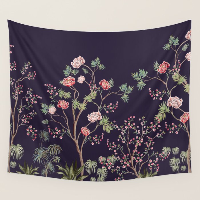 Chinoiserie Dark Blooming Peony Floral Fresco Garden Wall Tapestry Gallery Image 4