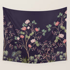 Chinoiserie Dark Blooming Peony Floral Fresco Garden Wall Tapestry Gallery Image 4