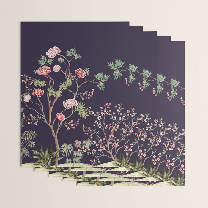 Chinoiserie Dark Blooming Peony Floral Fresco Garden Wrapping Paper Gallery Image 3