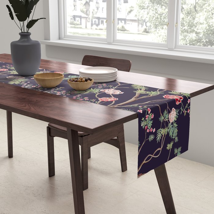 Chinoiserie Dark Blooming Peony Floral Fresco Garden Table Runner Gallery Image 2