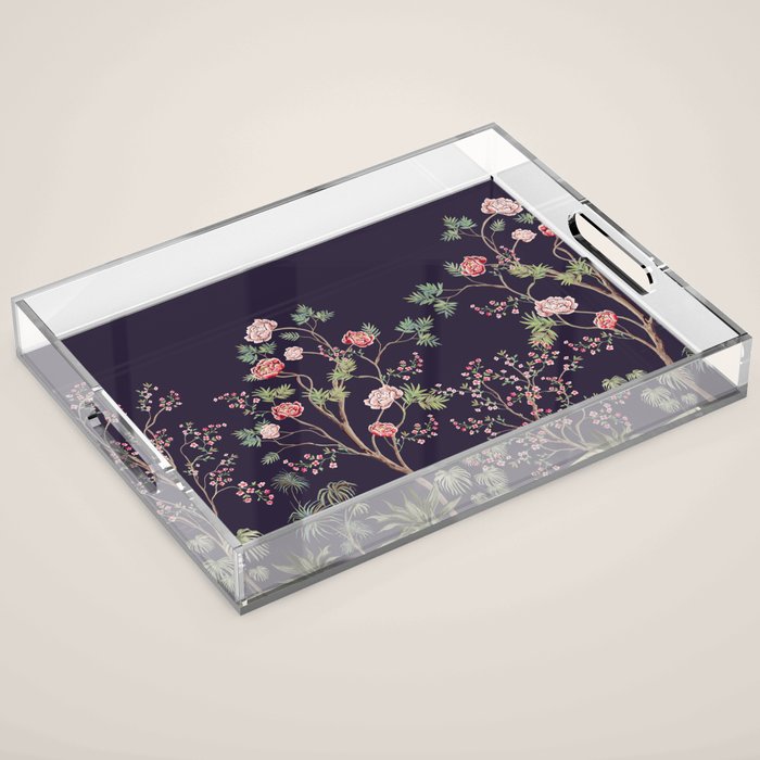 Chinoiserie Dark Blooming Peony Floral Fresco Garden Acrylic Tray Gallery Image 1