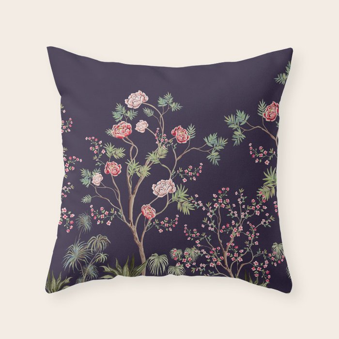 Chinoiserie Dark Blooming Peony Floral Fresco Garden Throw Pillow Gallery Image 1