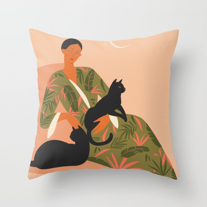 portrait of a woman with cats in ethno-modern style Throw Pillow Gallery Image 6