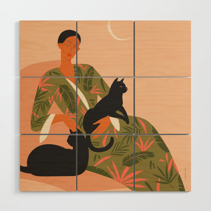 portrait of a woman with cats in ethno-modern style Wood Wall Art Gallery Image 1