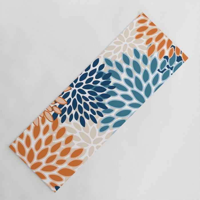 Floral Blooms, Teal, ;Blue, Orange Yoga Mat Gallery Image 1