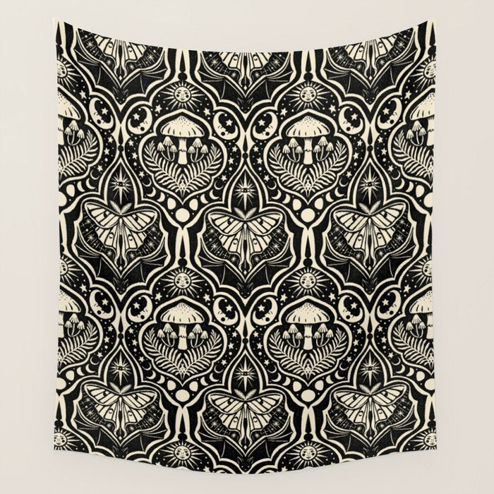 Celestial Forest Damask - black and cream Wall Tapestry Gallery Image 1