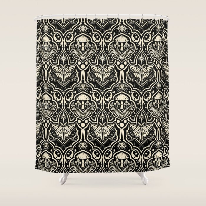 Celestial Forest Damask - black and cream Shower Curtain Gallery Image 1