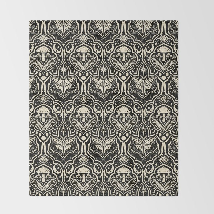Celestial Forest Damask - black and cream Throw Blanket Gallery Image 2