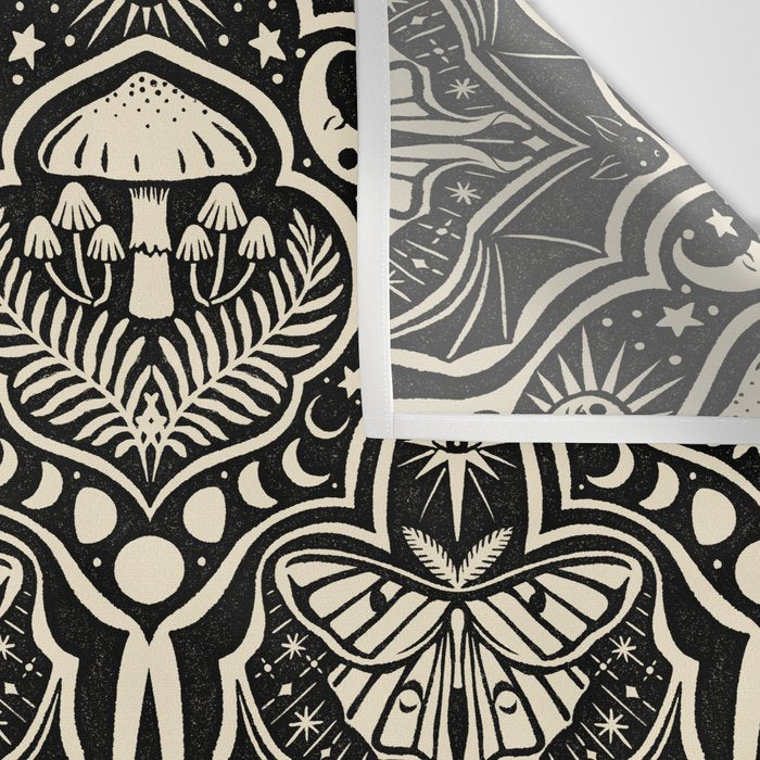 Celestial Forest Damask - black and cream Wall Tapestry Gallery Image 3