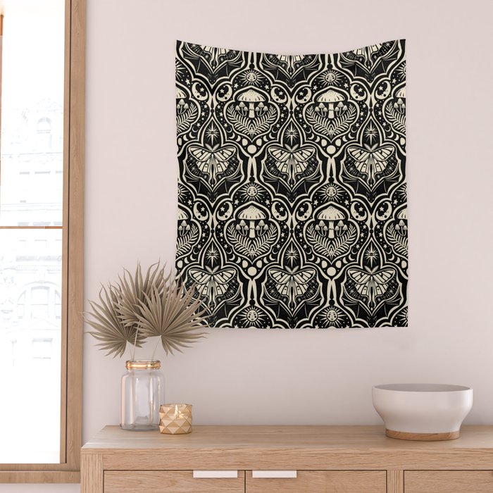 Celestial Forest Damask - black and cream Wall Tapestry Gallery Image 2