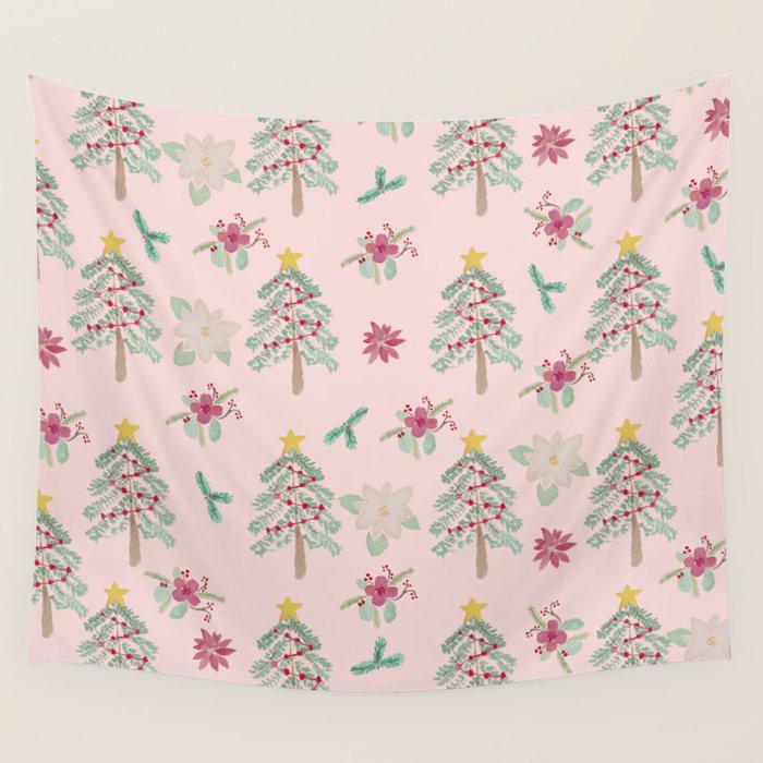 Christmas Pattern Pink Wall Tapestry Gallery Image 1