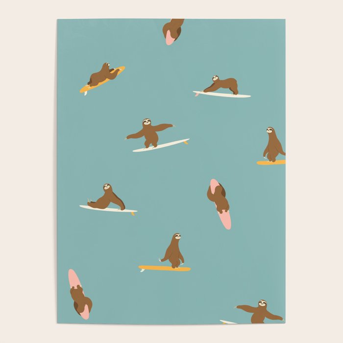 Surfing Sloth in Blue Poster Gallery Image 1