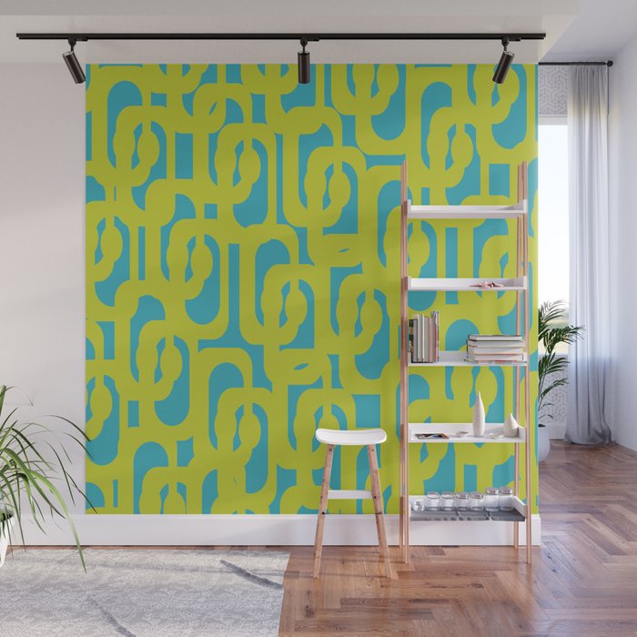 Mid Century Modern Loop Pattern in Lime Green and Turquoise Wall Mural Gallery Image 1