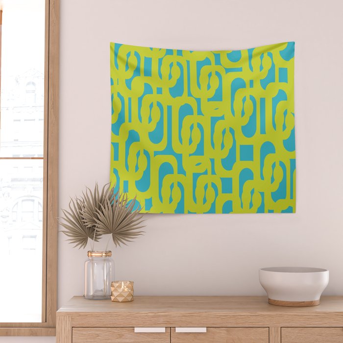 Mid Century Modern Loop Pattern in Lime Green and Turquoise Wall Tapestry Gallery Image 2