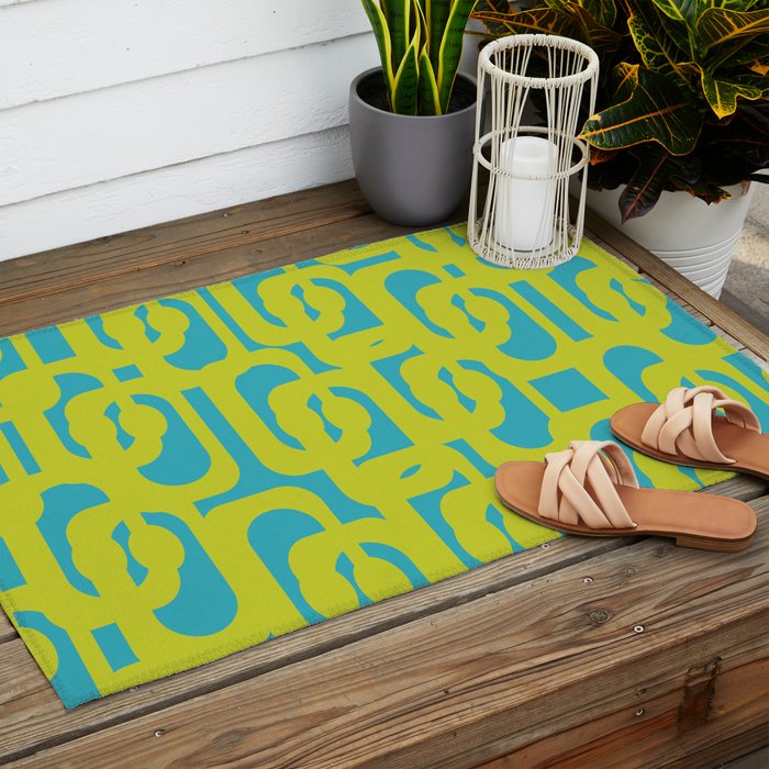 Mid Century Modern Loop Pattern in Lime Green and Turquoise Outdoor Rug Gallery Image 2