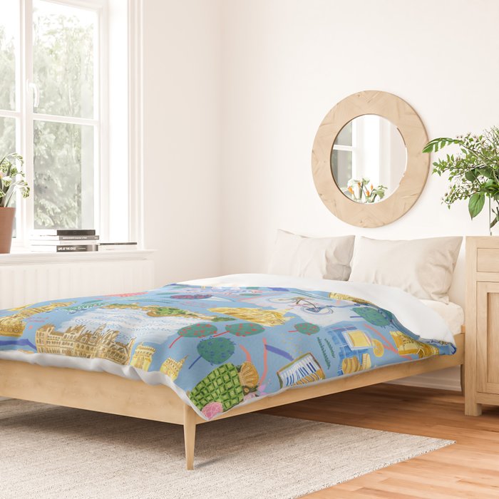 Paris France Map Illustration & Pattern in Blue Duvet Cover Gallery Image 2