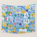 Paris France Map Illustration & Pattern in Blue Wall Tapestry Gallery Image 4