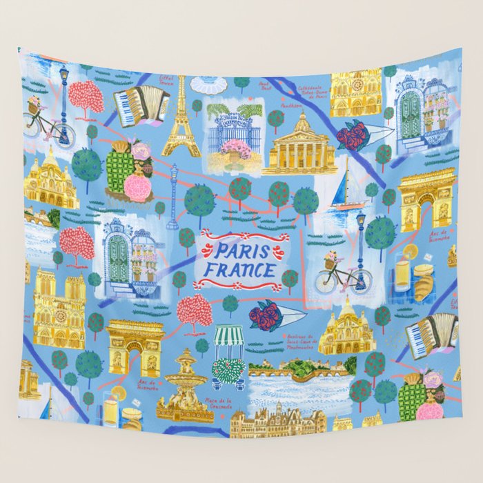 Paris France Map Illustration & Pattern in Blue Wall Tapestry Gallery Image 4