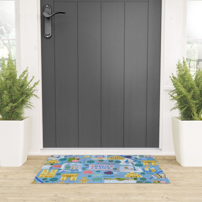 Paris France Map Illustration & Pattern in Blue Welcome Mat Gallery Image 3