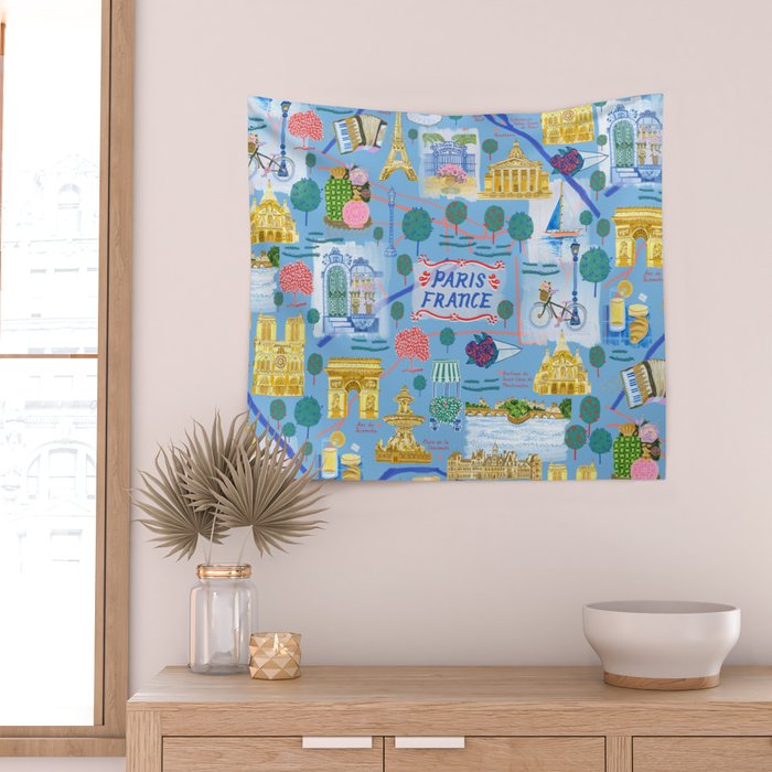 Paris France Map Illustration & Pattern in Blue Wall Tapestry Gallery Image 2