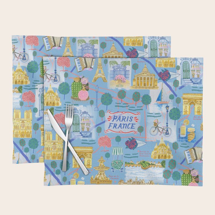 Paris France Map Illustration & Pattern in Blue Placemat Gallery Image 1