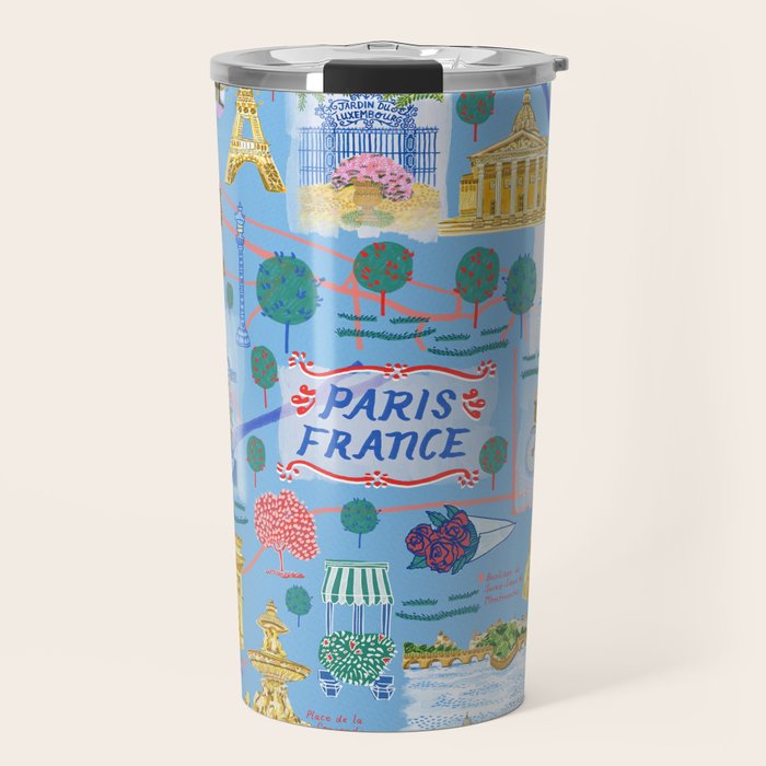 Paris France Map Illustration & Pattern in Blue Travel Mug Gallery Image 1