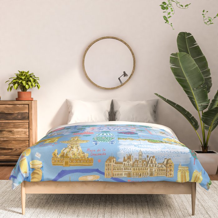 Paris France Map Illustration & Pattern in Blue Comforter Gallery Image 3