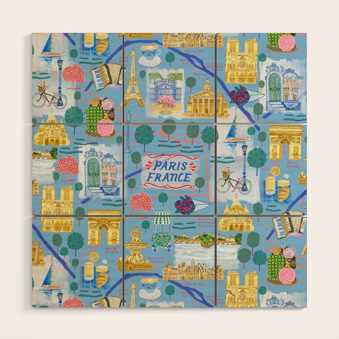 Paris France Map Illustration & Pattern in Blue Wood Wall Art Gallery Image 2