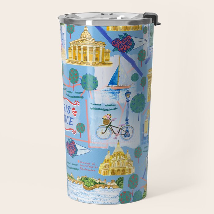 Paris France Map Illustration & Pattern in Blue Travel Mug Gallery Image 2