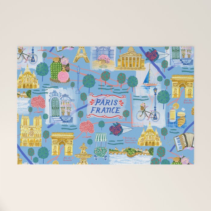 Paris France Map Illustration & Pattern in Blue Welcome Mat Gallery Image 1