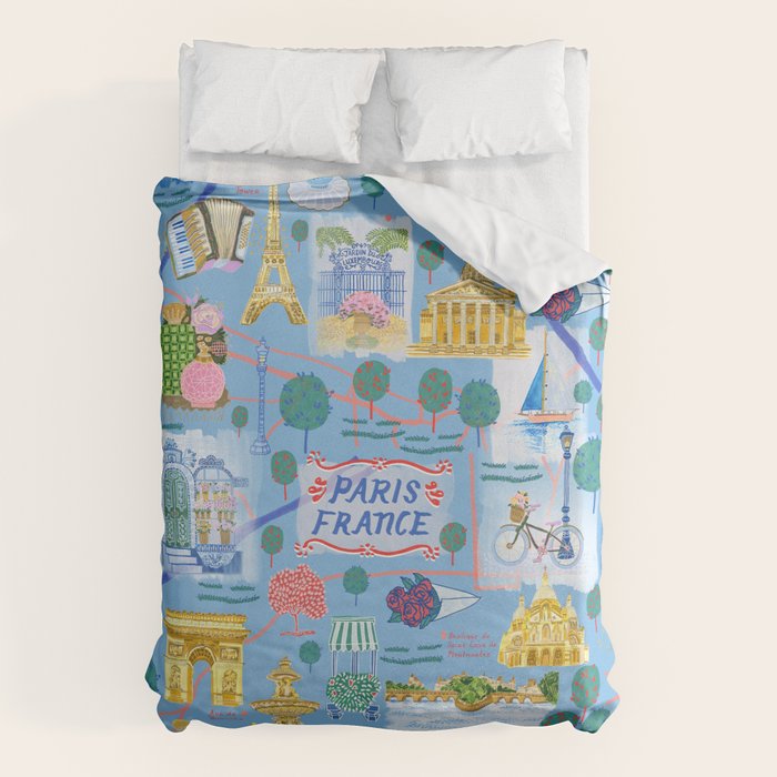 Paris France Map Illustration & Pattern in Blue Duvet Cover Gallery Image 6