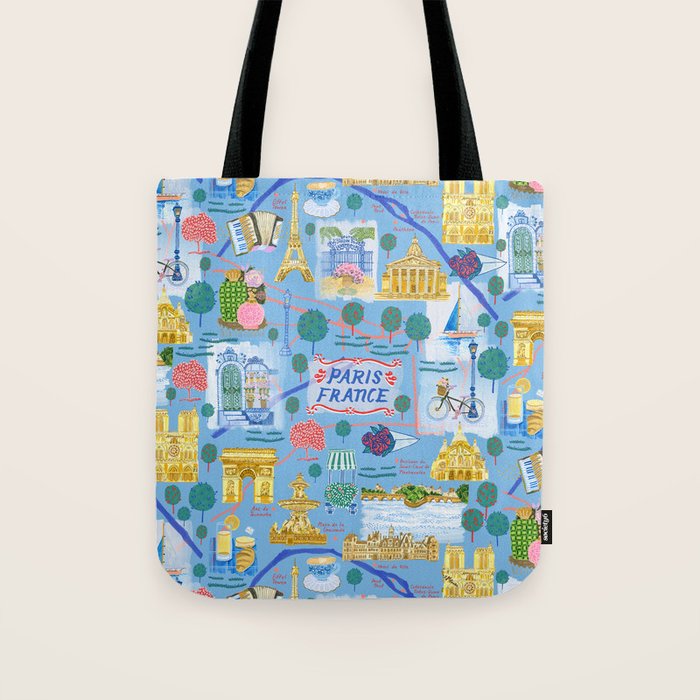 Paris France Map Illustration & Pattern in Blue Tote Bag Gallery Image 1