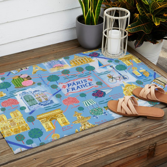 Paris France Map Illustration & Pattern in Blue Outdoor Rug Gallery Image 2
