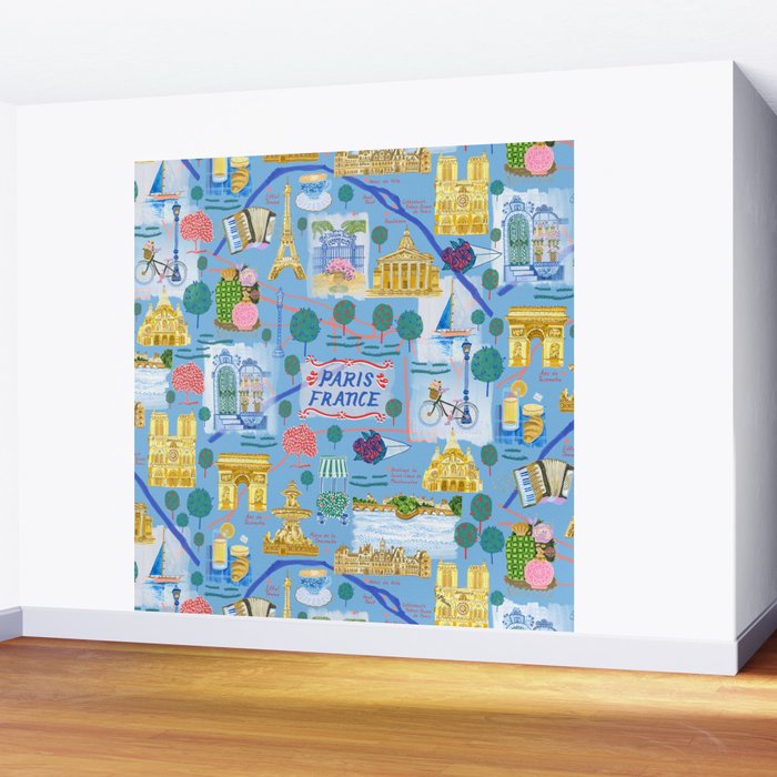Paris France Map Illustration & Pattern in Blue Wall Mural Gallery Image 2