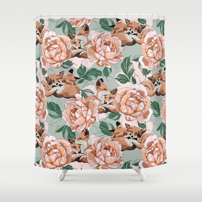 Red foxes in the rose bushes 24 Shower Curtain Gallery Image 1
