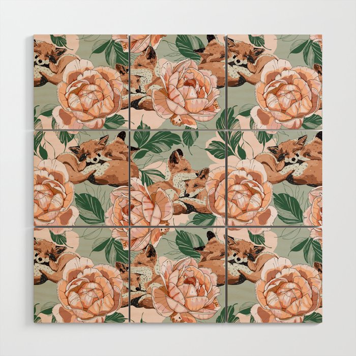 Red foxes in the rose bushes 24 Wood Wall Art Gallery Image 1