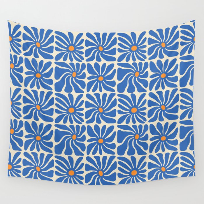 Vintage blue flower art pattern Wall Tapestry Gallery Image 1