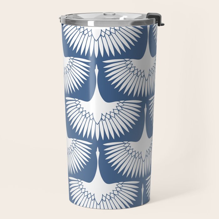 Japanese Crane Ornate Art Deco Powder Blue Pattern  Travel Mug Gallery Image 2