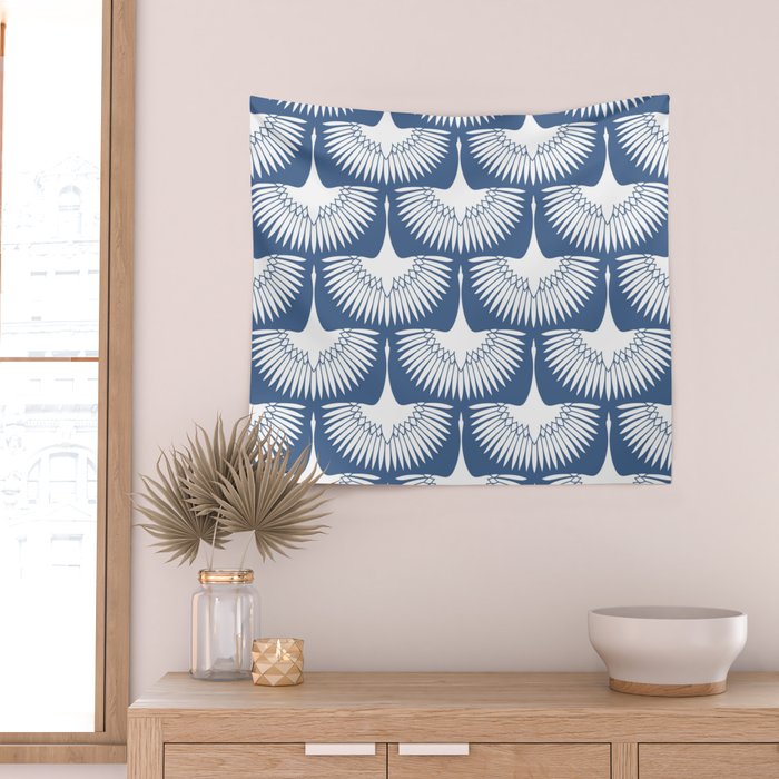 Japanese Crane Ornate Art Deco Powder Blue Pattern  Wall Tapestry Gallery Image 2