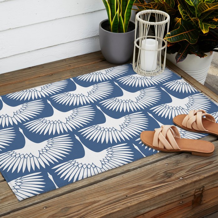 Japanese Crane Ornate Art Deco Powder Blue Pattern  Outdoor Rug Gallery Image 2
