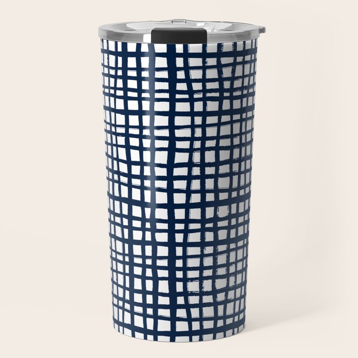Sloane Grid - navy blue grid pillow, home decor, painterly Travel Mug Gallery Image 1