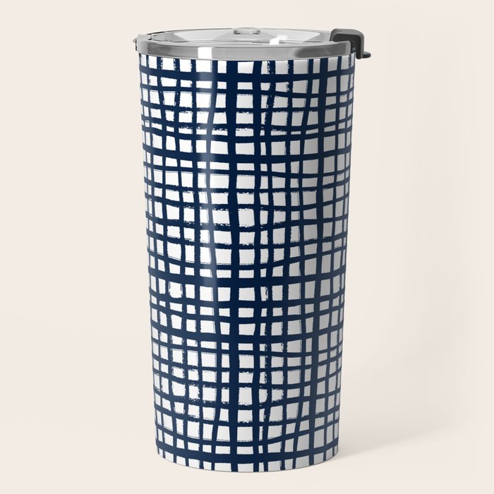 Sloane Grid - navy blue grid pillow, home decor, painterly Travel Mug Gallery Image 2