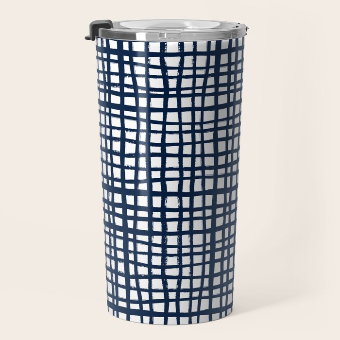 Sloane Grid - navy blue grid pillow, home decor, painterly Travel Mug Gallery Image 3