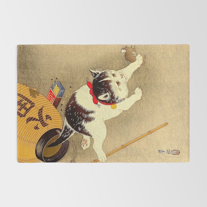 Japanese Woodblock Print Cat Lantern Playful Vintage Art Rug Gallery Image 2