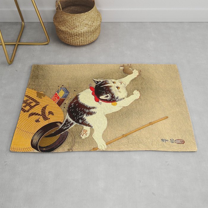 Japanese Woodblock Print Cat Lantern Playful Vintage Art Rug Gallery Image 1
